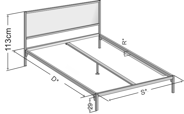 Dokładne wymiary łóżka metalowego Ebru w wersji z jednym szczytem