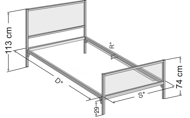 Wymiary łóżka metalowego jednoosobowego Ebru w wersji z dwoma szczytami